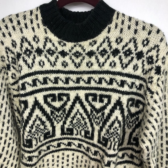 Vintage Sweater Red Sky Chunky Wool Blend Cream Black Pattern Heavy Knit Large - Picture 3 of 11